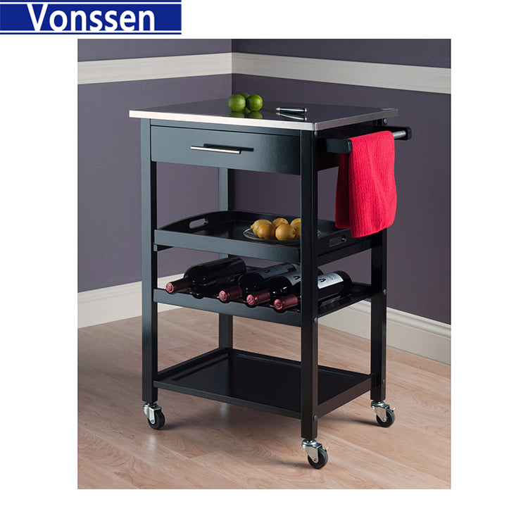 Vonssen Black Microwave Cart Small Kitchen Island on Wheels with Wood Top and Drawer Multipurpose Utility Cart with Open Storage Shelf for Small Places SI-30036