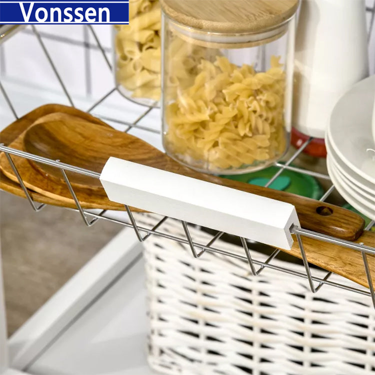 Vonssen Kitchen Trolley with Folding Top Country Style 3 Baskets Knife Block Bottle Rack Butler White MDF SI-20224