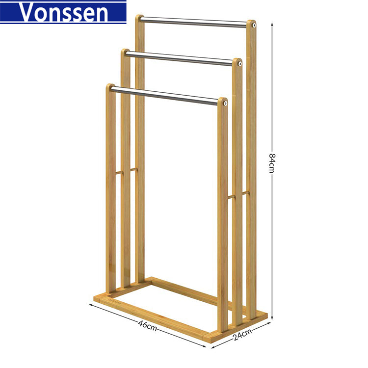 Vonssen Towel Holder Freestanding with 3 Towel Rail Towel Stand for Bathroom Wood Stainless Steel VS10412000803