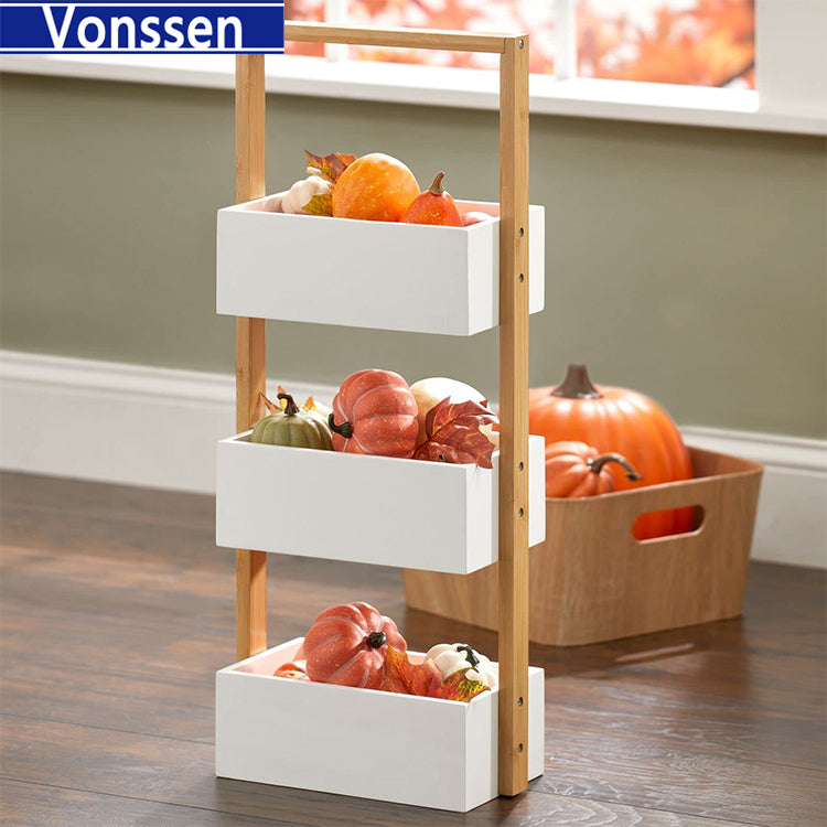 Vonssen Free-Standing 4-Tiered Shelf for Bathroom Wood Bamboo Storage Rack Room Decor Shelves Decorative Organizer Bins for Bath Towels Hand Soap and Toiletries VS1041200077