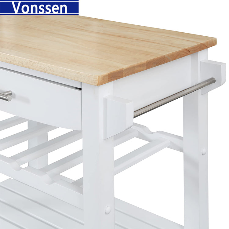 Vonssen White Multipurpose Utility Cart,Butcher Block Kitchen Island on Wheels with Drawer, Farmhouse Islands with Storage Shelf for Small Places SI-20262