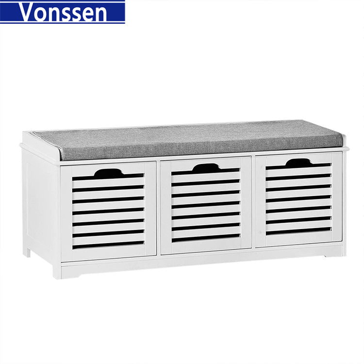 Vonssen White Storage Bench with 2 Drawers Removable Seat Cushion Shoe Cabinet Shoe Bench SI-20166