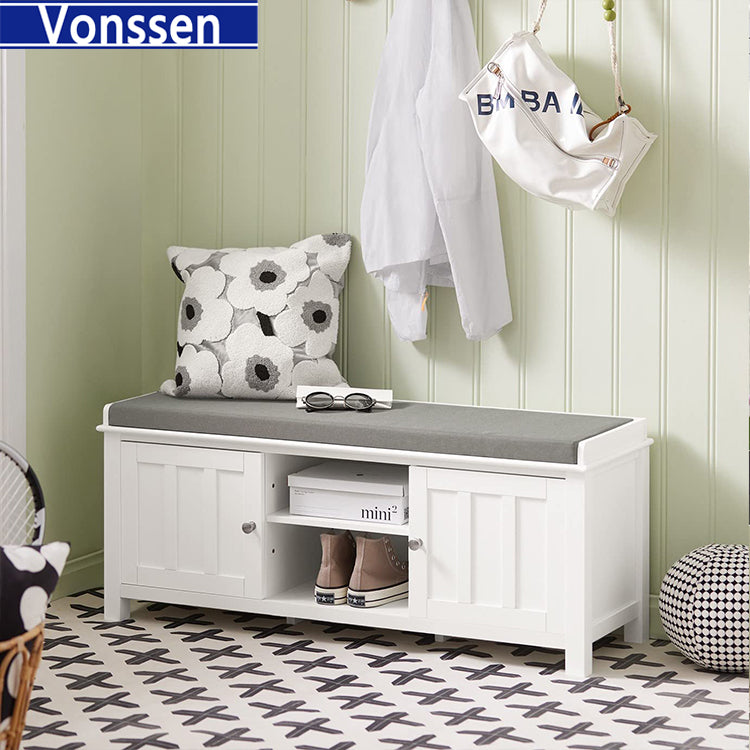 Vonssen White Storage Bench with 2 Doors Shelf Removable Seat Cushion Shoe Cabinet SI-20342