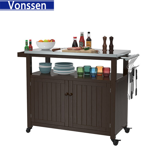 Outdoor Storage Cabinet Solid Wood Prep Grill Table with Stainless Steel Top Waterproof Cover Dark Brown VS1030800024 --