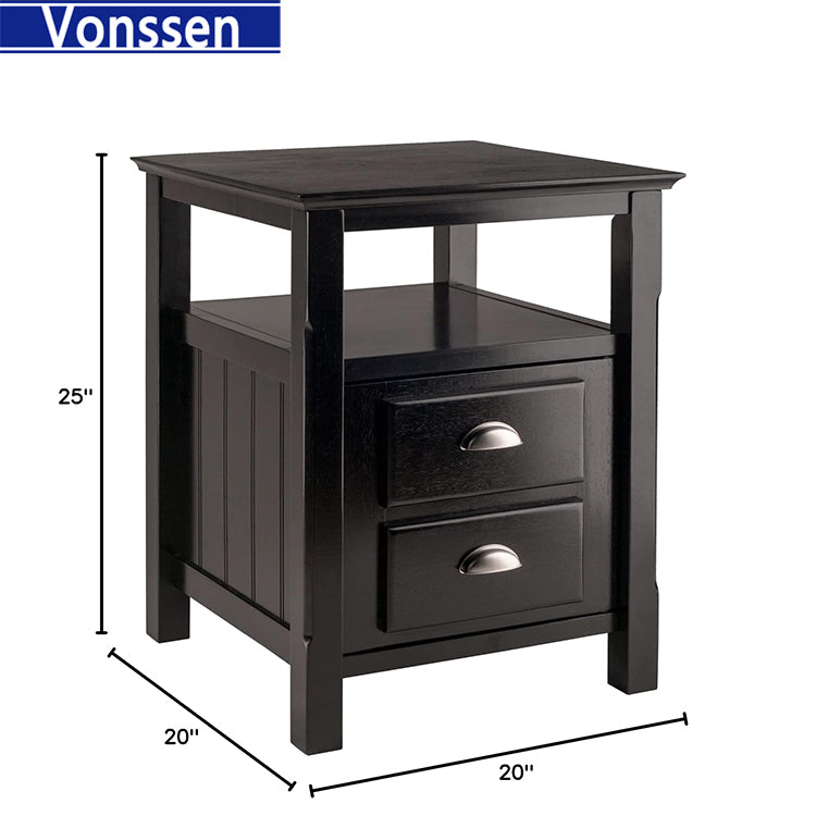 Vonssen Solid Wood 2 Drawer Timber Night Stand Black Finish SI-30024