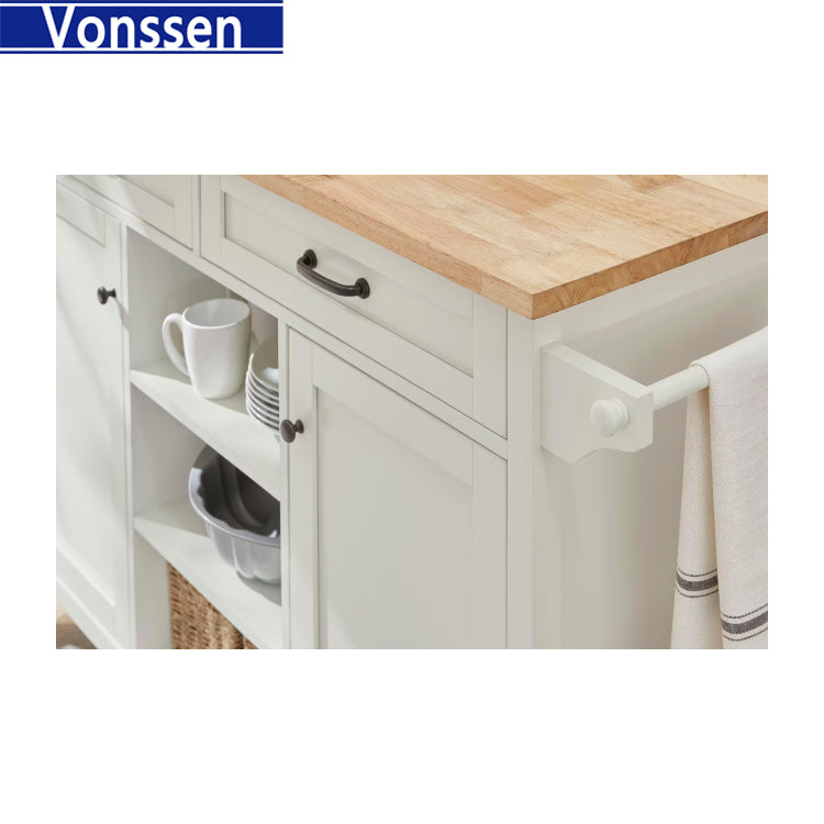 Vonssen White Rolling Kitchen Cart with Butcher Block Top and Double-Drawer Storage SI-20261