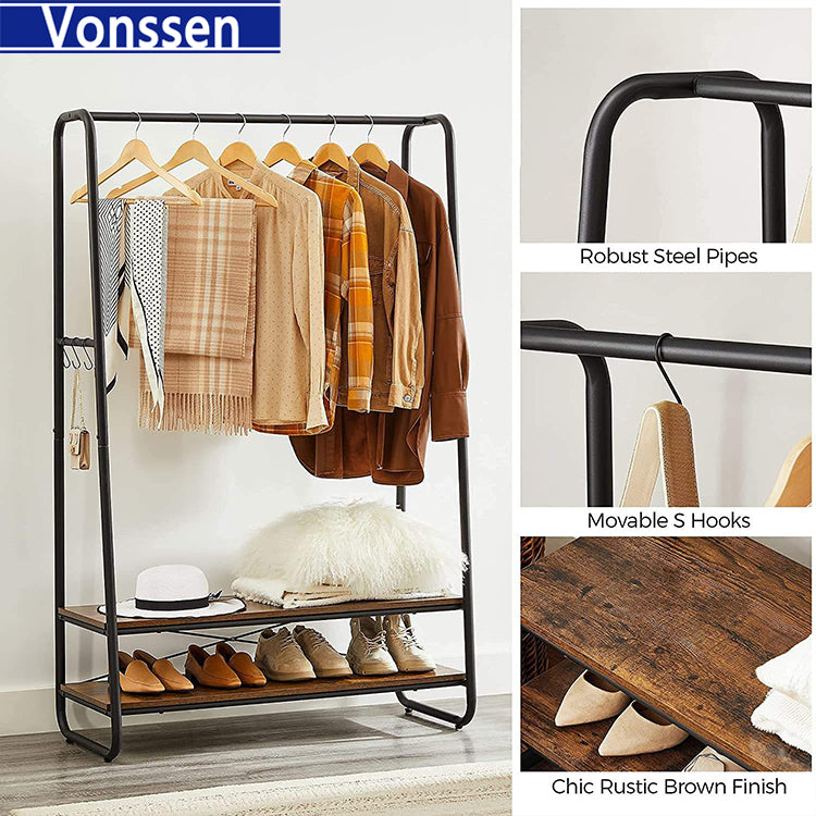 Vonssen Clothes Rack Clothing Rack for Hanging Clothes Garment Rack with 2 Shelves 6 S-Shaped Hooks Steel Frame for Bedroom Rustic Brown and Black VS1060400015