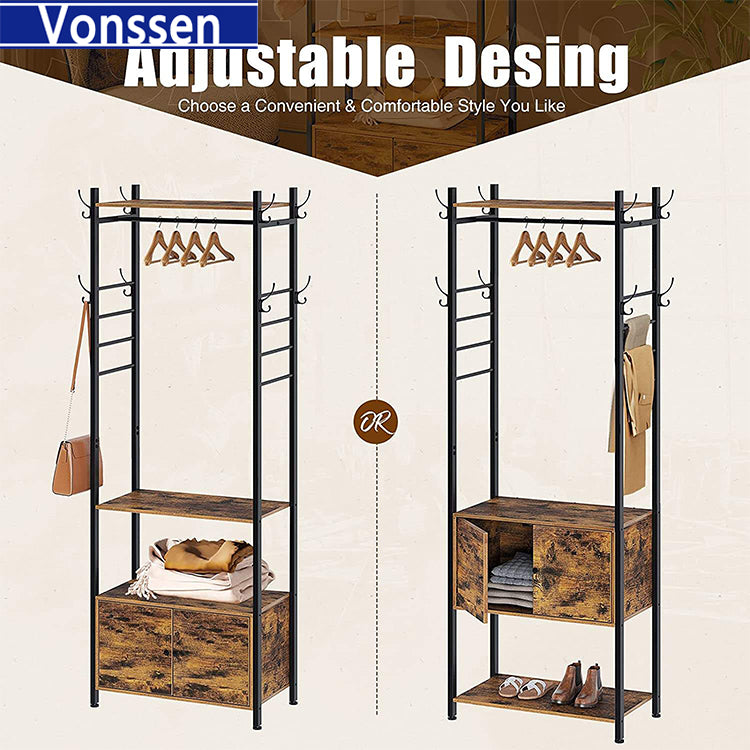 Vonssen Hall Tree with Shelf and Storage Cabinet Entryway Bench with 4 Side Hooks VS1060400007