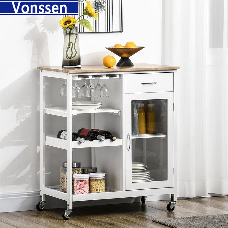 Vonssen Kitchen Island with Single Door Cabinet and Shelf Movable Multipurpose Kitchen Island Trolley Locking Casters Small Coffee Trolley Microwave Stand SI-20151