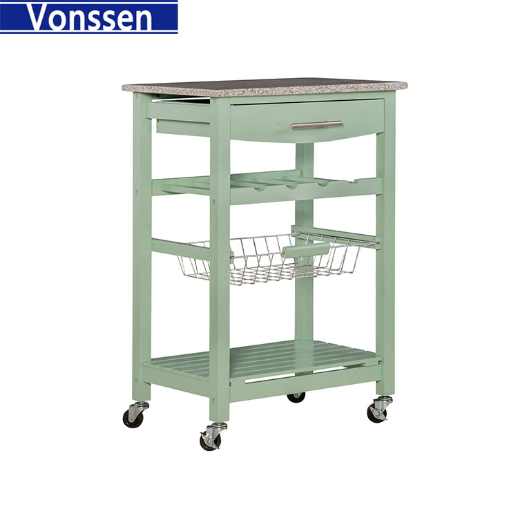 Vonssen Furniture Granite Top Pine Wood Rolling Kitchen Island Microwave Cart on Wheels with Storage in Green SI-80142