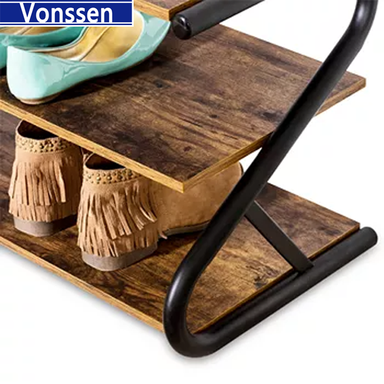 Vonssen Modern Industrial Metal Wood 3-Tier Shoe Rack Holds up to 9 Pair of Shoes VS1060200028