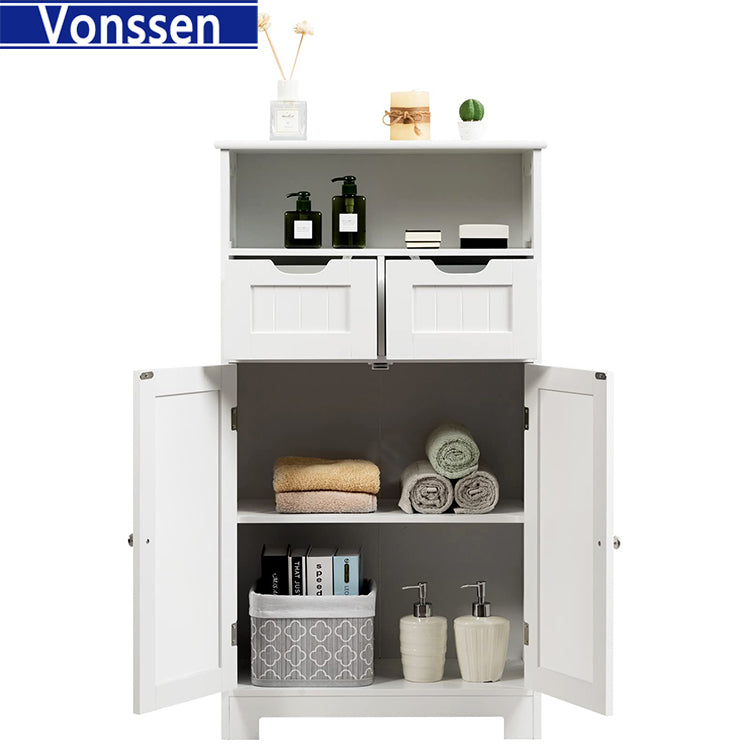 Vonssen Bathroom Cabinet Storage Cabinet with 2 Glass Doors 2 Shutter Doors Free Standing Floor Cabinet with 4 Shelves  SI-80143