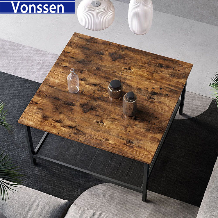 Vonssen Coffee Table Square Cocktail Table with Spacious Table Top Robust Steel Frame and Mesh Storage Shelf Industrial Style for Living Room Rustic Brown and Black SI-30171