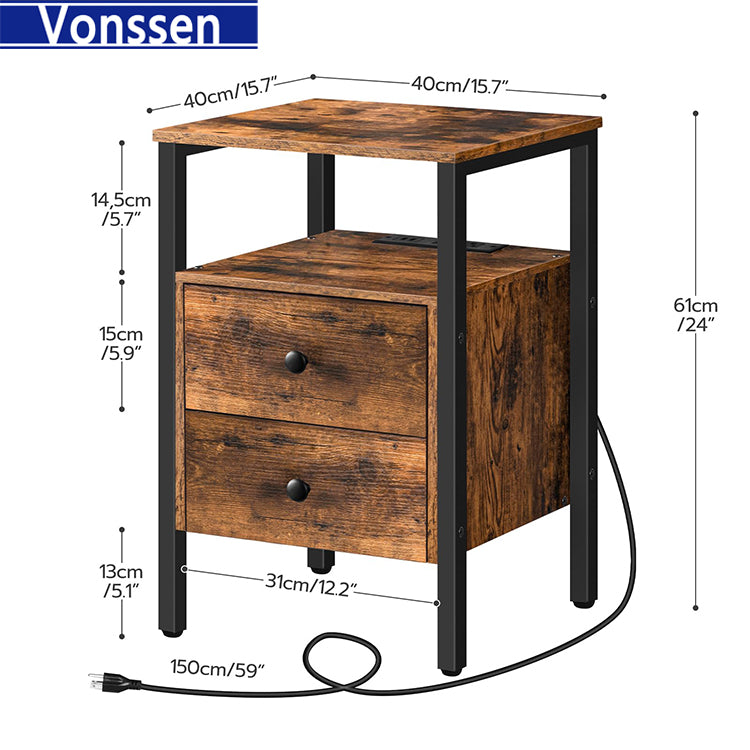 Vonssen End Table with Charging Station Bedside Table with 2 Drawer USB Ports Power Outlets Nightstand for Small Spaces Stable and Sturdy VS1010400218 --