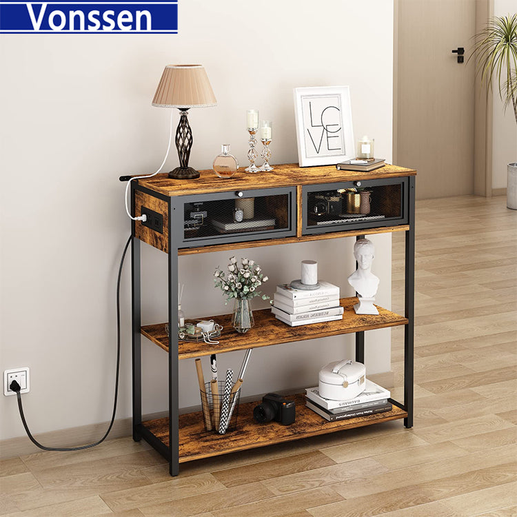 Vonssen Console Table with Charging Station Entryway Table with Doors Sofa Table Narrow Long with 3 Tiers Open Wood Storage Shelves VS1010400123