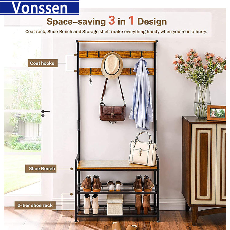 Vonssen 3-in-1 Hall Tree Coat Rack Shoe Bench with 9 Hooks and Storage Shelf Industrial Entryway Storage Shelf Bench Easy Assembly Rustic Brown VS1060400016