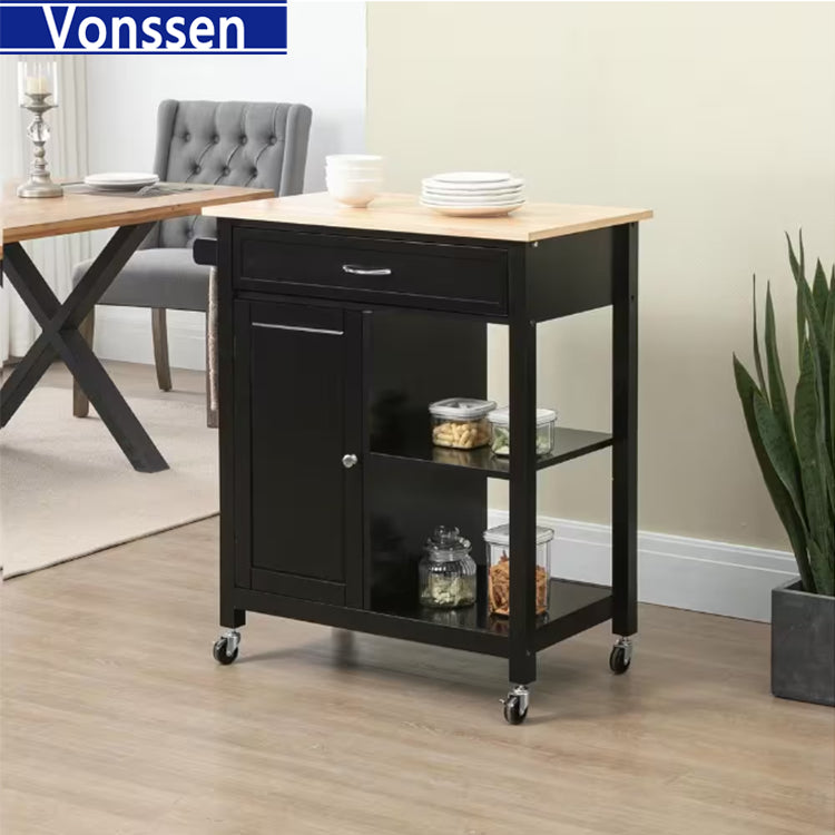 Vonssen Small Kitchen Island Cart with Storage Drawers and Shelves Kitchen Cart on Wheels Accent Cabine with Wood Countertop and Spice Rack for Kitchen Room SI-50058