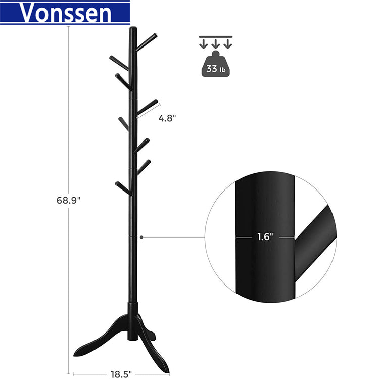 Vonssen Wooden Tree Coat Rack Freestanding Entryway Coat Stand with 8 Hooks Height Adjustable Coat Tree Rubber Wood Coat Hanger Stand for Home Office Hall Entryway VS1060400009