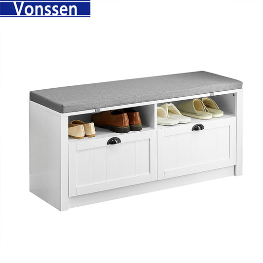 Vonssen Upholstered Footstools Wooden Storage Stool Storage Bench 2-Layer Design Double Door for Balcony SI-20341