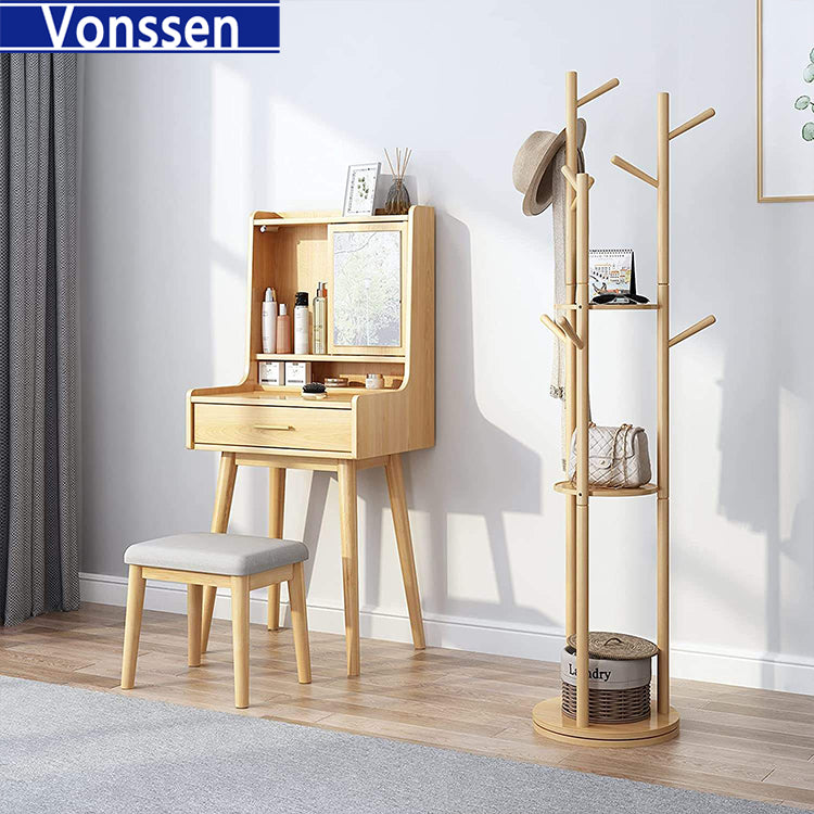 Vonssen Coat Rack Stand Clothes Rack Stand Wooden Rotated 3 Tier Shelf Strong Load Bearing Hallway Entryway Closet Bedroom for Hang Clothes Hat Handbag Purses Shoe Storage VS1060400013