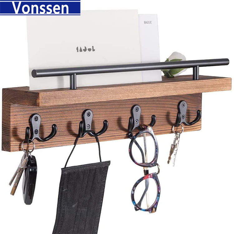 Vonssen Entryway Floating Shelf Wall Mounted Wood Key Holder Decorative Rustic Mail and Wallet Organizer with Vintage Hooks Small Wooden Hanger for Hanging Coat and Leash VS1011400069