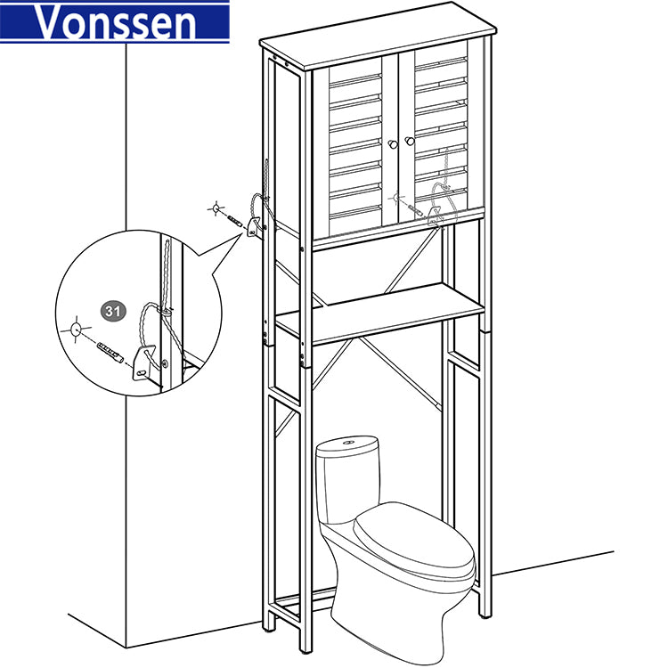 Vonssen Over-The-Toilet Storage Bathroom Organizer Cabinet with Cupboard and Shelf Steel Frame Easy Assembly Industrial Rustic Brown and Black VS1040700001