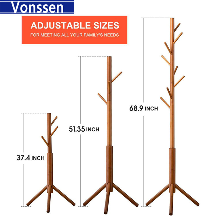 Vonssen Bamboo Coat Rack Freestanding Stand Tree Adjustable Coat with 3 Sections 8 Hooks Easy to Assemble Standing Coat Jackets Hanger for Bedroom Office Hallway Entryway Brown VS1060400021