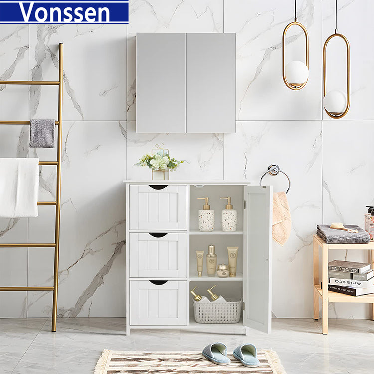 Vonssen Bathroom Floor Cabinet Wooden Storage Cabinet with 1 Door & 3 Drawer Free Standing Entryway Cupboard Spacesaver Cabinet VS1011100110 --