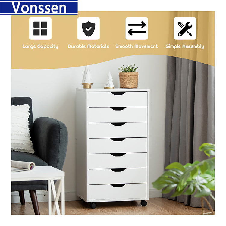 Vonssen Dressers Storage Cabinets Wooden Dresser White Mobile Cabinet with Wheels Room Organizer Rolling Small Drawers Wood Organization Furniture for Office SI-20051