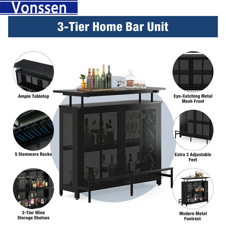 Vonssen Home Bar Unit 3 Tier Liquor Bar Table with Stemware Racks and Wine Storage Shelves Wine Bar Cabinet Mini Bar for Home Kitchen Pub VS1030500001