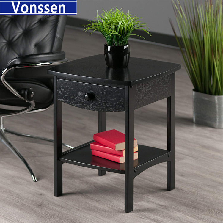 Vonssen End Table Nightstand Storage Display Drawer Shelf Beside Bedroom Black SI-20335