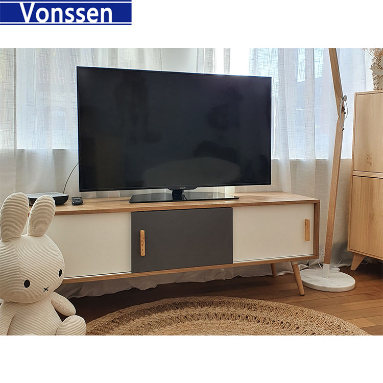 Modern Sideboard Solid Wood TV Stand Cable Management Hole White Grey 9604