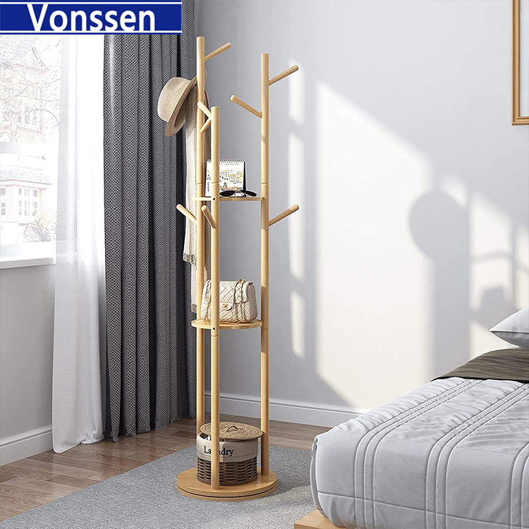 Vonssen Coat Rack Stand Clothes Rack Stand Wooden Rotated 3 Tier Shelf Strong Load Bearing Hallway Entryway Closet Bedroom for Hang Clothes Hat Handbag Purses Shoe Storage VS1060400013