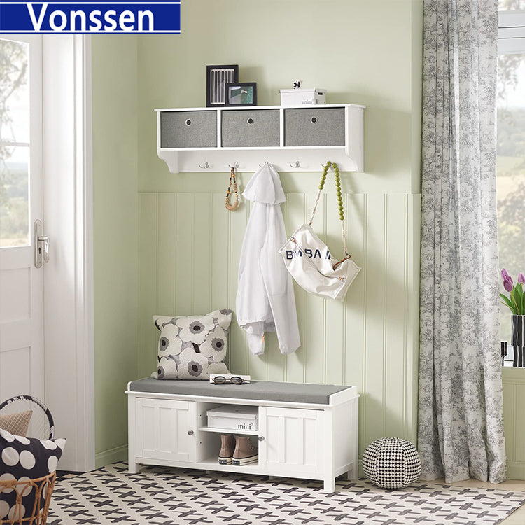 Vonssen White Storage Bench with 2 Doors Shelf Removable Seat Cushion Shoe Cabinet SI-20342