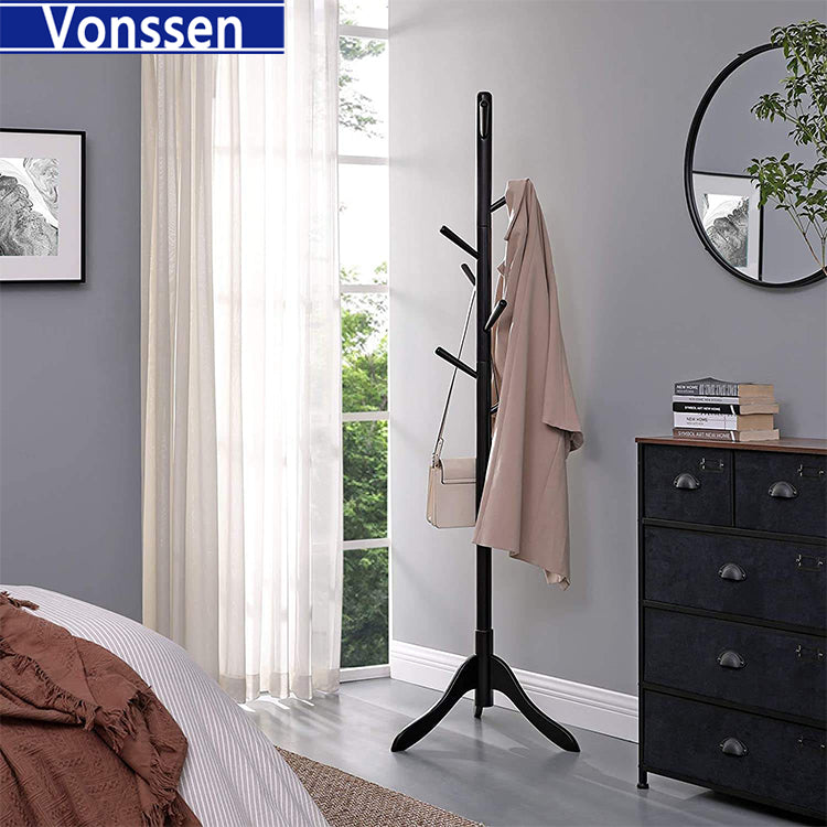 Vonssen Wooden Tree Coat Rack Freestanding Entryway Coat Stand with 8 Hooks Height Adjustable Coat Tree Rubber Wood Coat Hanger Stand for Home Office Hall Entryway VS1060400009