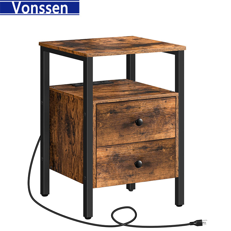 Vonssen End Table with Charging Station Bedside Table with 2 Drawer USB Ports Power Outlets Nightstand for Small Spaces Stable and Sturdy VS1010400218 --