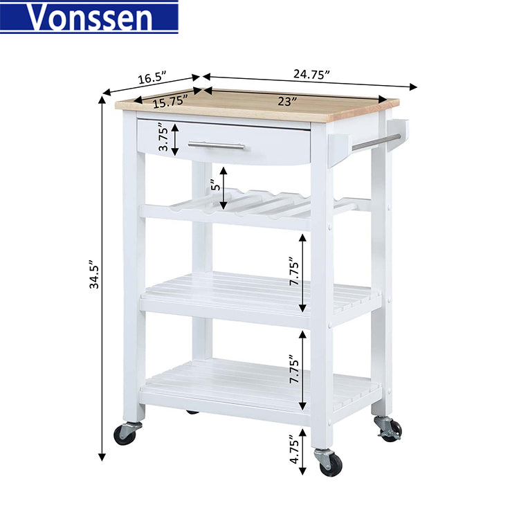 Vonssen White Multipurpose Utility Cart,Butcher Block Kitchen Island on Wheels with Drawer, Farmhouse Islands with Storage Shelf for Small Places SI-20262