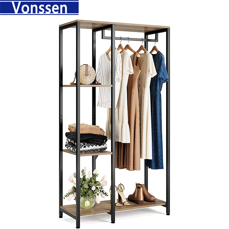 Vonssen Free-standing Closet Organzier Wood and Metal Garment Rack with Shelves and Hanging Rod Heavy Duty Clothing Rack for Bedroom Living Room Rustic Brown VS1060400020