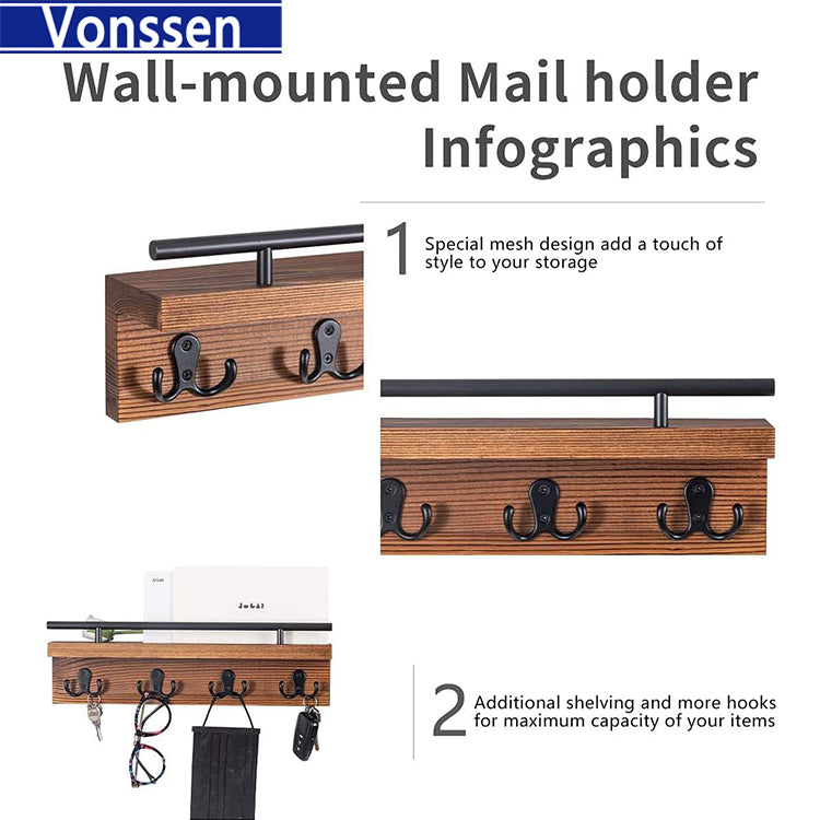 Vonssen Entryway Floating Shelf Wall Mounted Wood Key Holder Decorative Rustic Mail and Wallet Organizer with Vintage Hooks Small Wooden Hanger for Hanging Coat and Leash VS1011400069