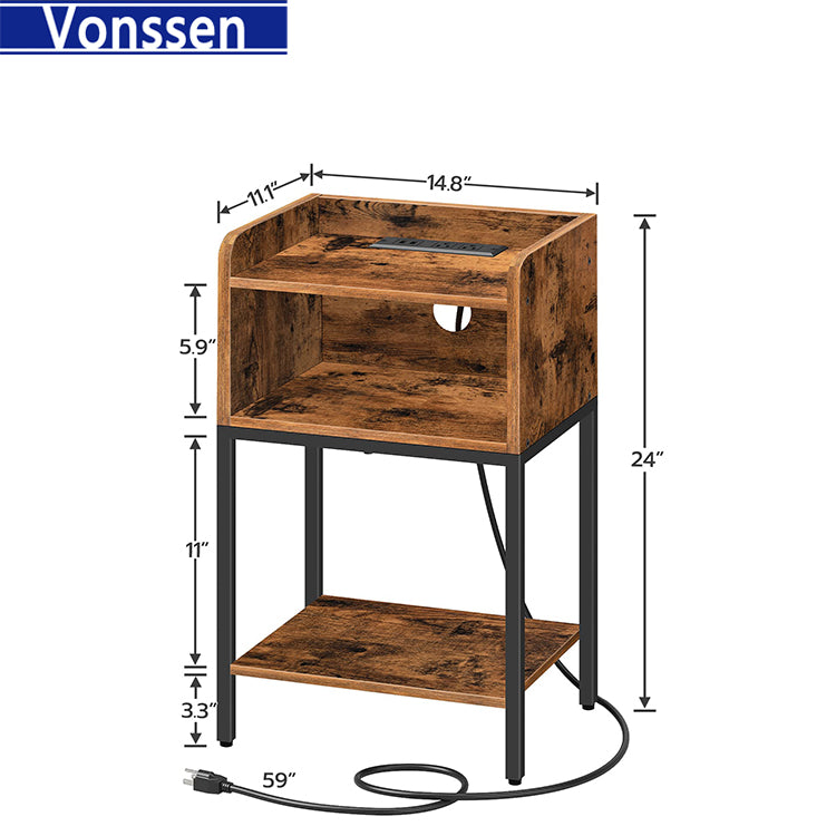 Vonssen Nightstand with Charging Station End Table with Open Drawer Side Table with USB Ports and Outlets VS1010400219 --