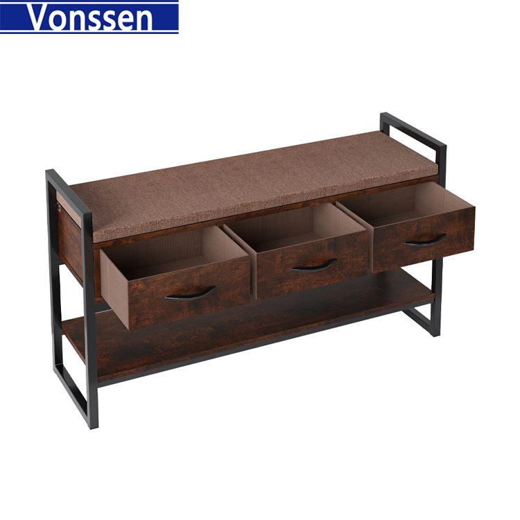 Vonssen  Shoe Bench Rack with Removable Cushion 2 Tier Shoe Bench with 3 Fabric Drawer for Entryway Bedroom Living Room Hallway Cherry VS1060200029