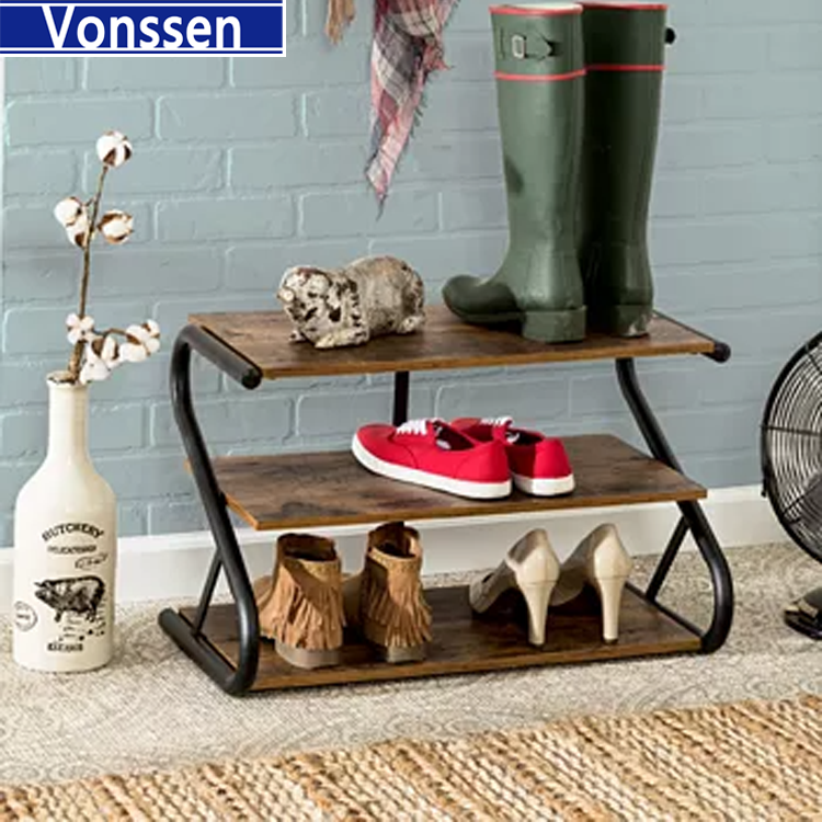 Vonssen Modern Industrial Metal Wood 3-Tier Shoe Rack Holds up to 9 Pair of Shoes VS1060200028