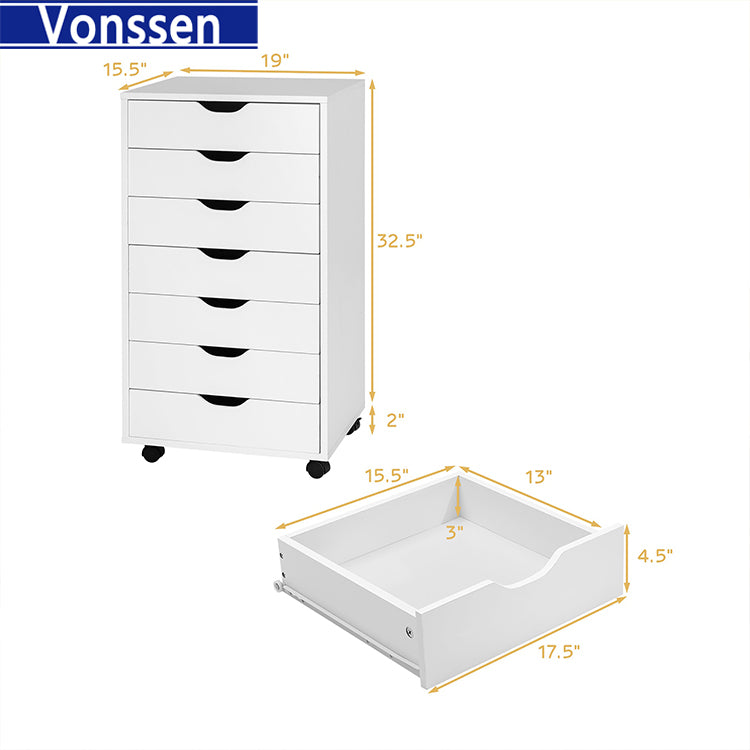 Vonssen Dressers Storage Cabinets Wooden Dresser White Mobile Cabinet with Wheels Room Organizer Rolling Small Drawers Wood Organization Furniture for Office SI-20051