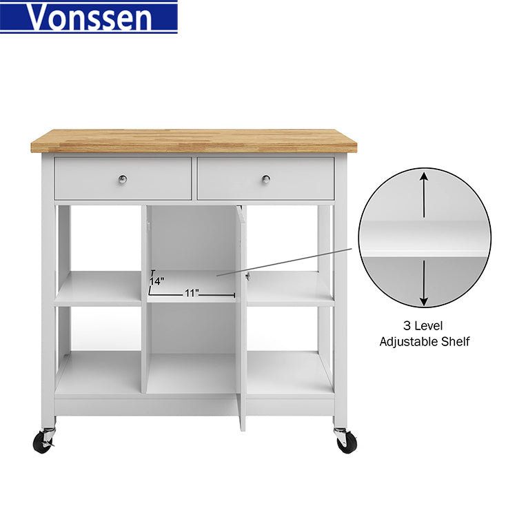 Vonssen Home Kitchen Island with Drawers – Rolling Cart with Locking Casters – Use as Coffee Bar, Microwave Stand, or Shelves for Storage  SI-80058