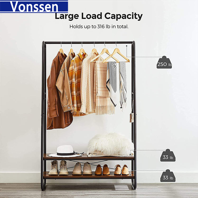 Vonssen Clothes Rack Clothing Rack for Hanging Clothes Garment Rack with 2 Shelves 6 S-Shaped Hooks Steel Frame for Bedroom Rustic Brown and Black VS1060400015