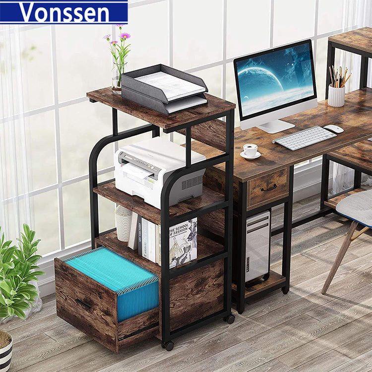 Vonssen Rolling Wheels File Cabinet with Storage Shelves and Drawer Spice Rack Organizer Rustic Brown VS1011600019