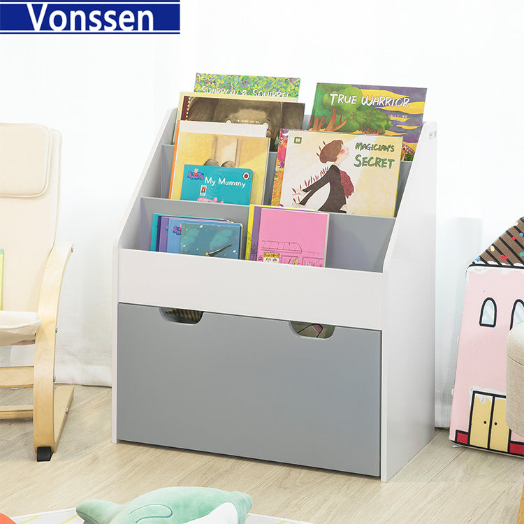 Vonssen Kids Bookshelf and Toy Organizer Toy Storage Chest and Bookcase with 3 Shelves Storage Box with Wheels Multipurpose for Children's Room and Playroom SI-80153