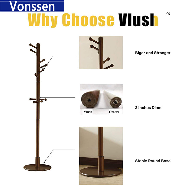 Vonssen Coat Racks Free Standing Coat Rack Solid Rubber Wood Free Standing 11 Hooks Coat Tree Entryway Standing for Clothes Hats Handbags Wood VS1060400006