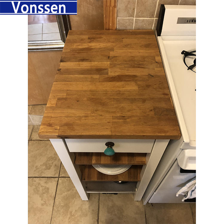 Vonssen Rolling Kitchen Cart Portable Kitchen Island Wood Top Kitchen Trolley with Drawers and Two-Tier Open Shelf Towel Rack SI-20119