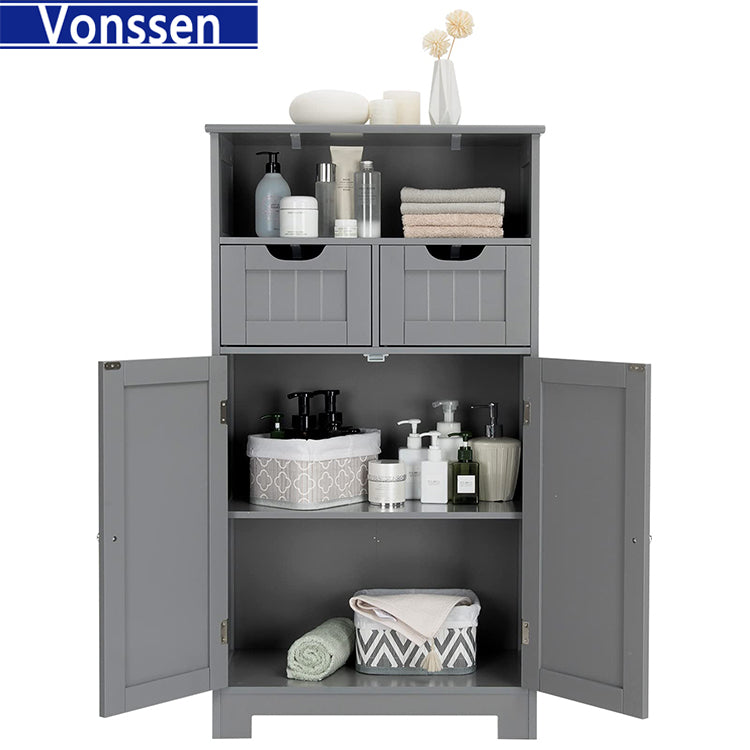 Vonssen Bathroom Cabinet Storage Cabinet with 2 Glass Doors 2 Shutter Doors Free Standing Floor Cabinet with 4 Shelves  SI-80143